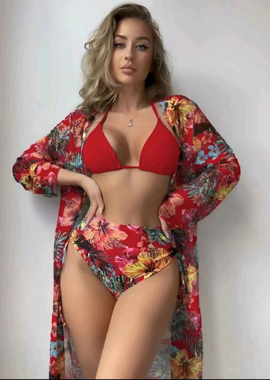 Damen Bunter Bikini mit selbstbewusster Hochbund-Hose und transparenter Strandsch cover EB