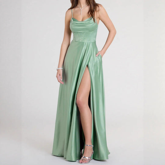 Damen Elegantes Abendkleid mit schimmerndem Satinfinish und tiefem Schlitz EB