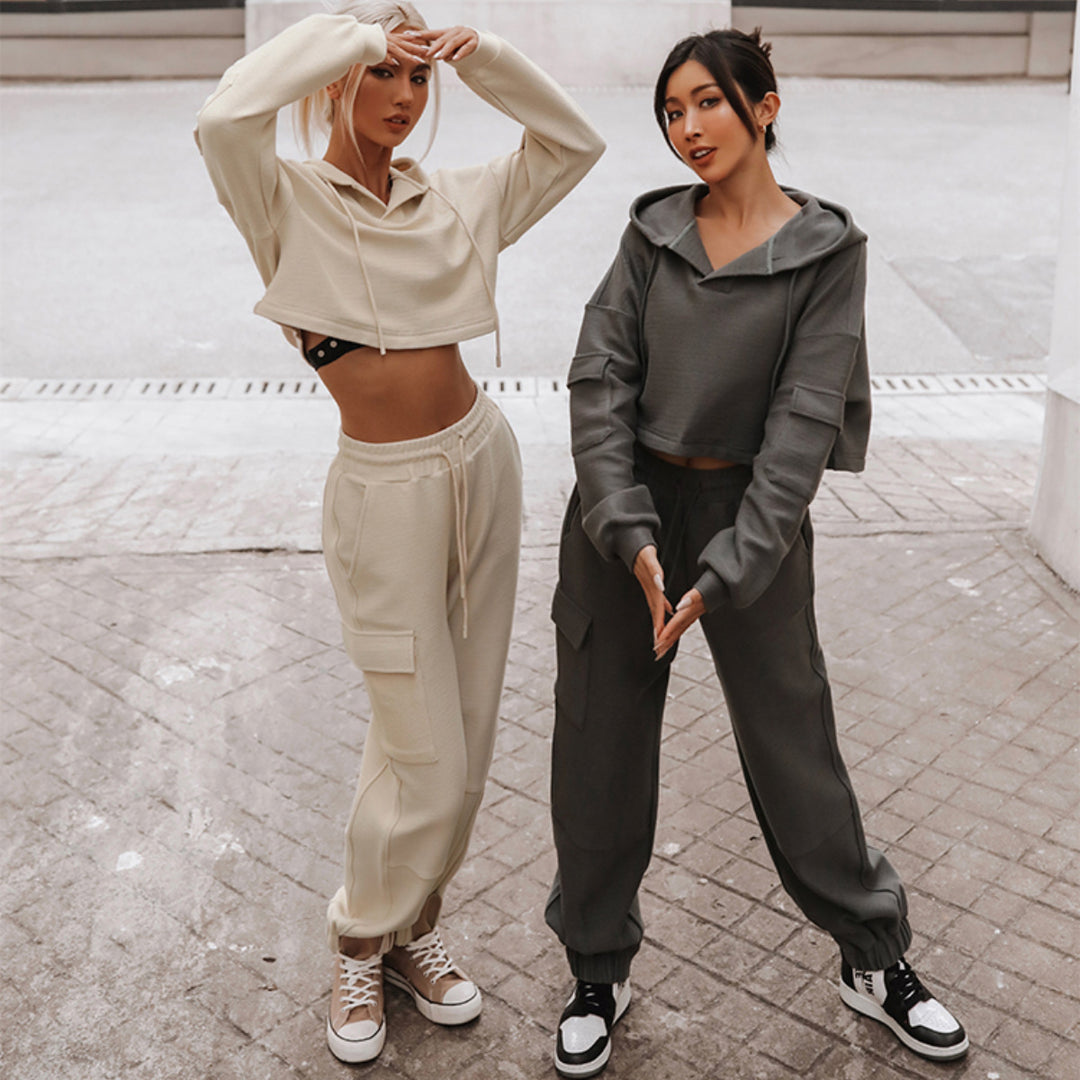 Damen nan Cropped Kapuzenpullover mit Highwaist Cargo-Joggingshose Set EB