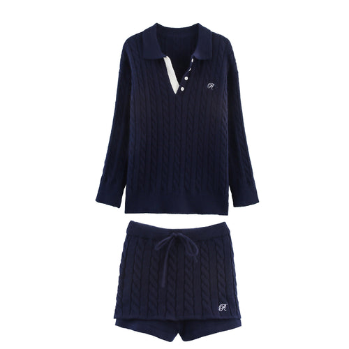 Damen Strick-Pyjama-Set mit klassischem Muster und elegantem Kragen EB