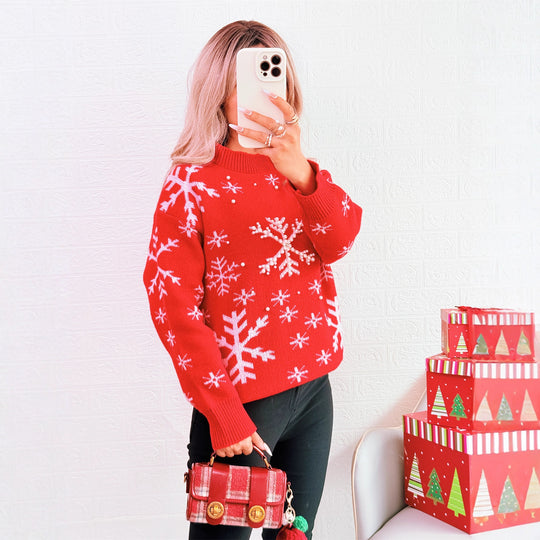 Damen Weihnachts-Pullover mit festlichem Schneemuster und hohem Kragen EB
