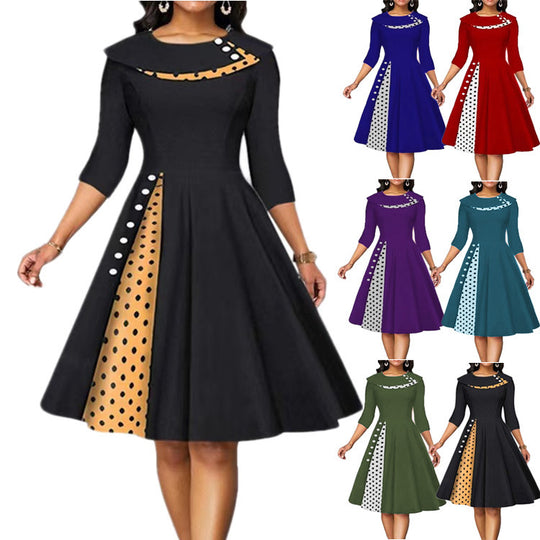 Damen Elegantes Midi-Kleid mit Punkten und seitlicher Kontrastdetail EB