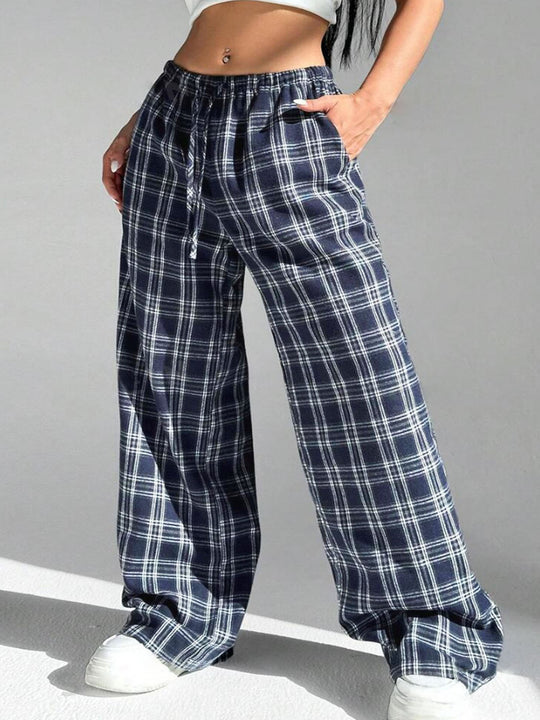 Damen Weite Karohose mit elastischem Bund und praktischen Taschen EB