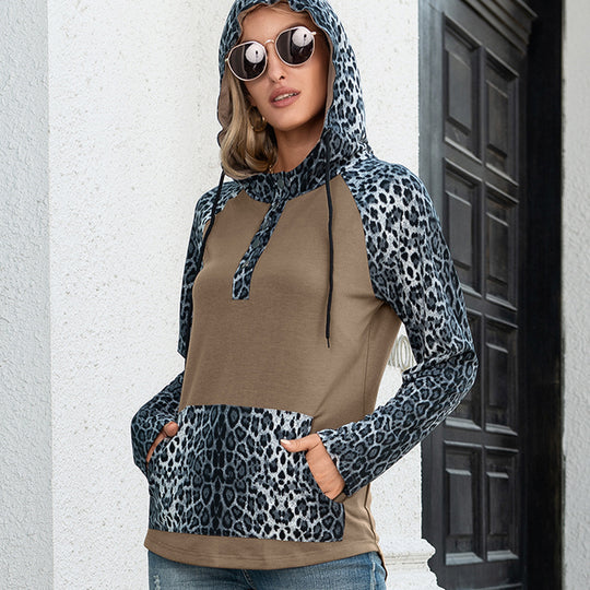 Damen Kapuzenpullover mit Leopardenmuster und Kängurutasche EB