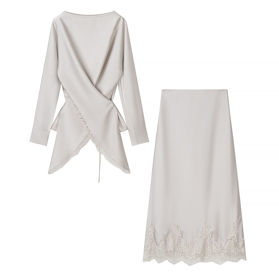 Damen elegante Wickelbluse mit Spitzenbesatz und passendem Rock EB