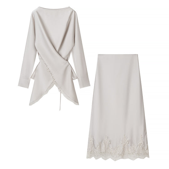 Damen elegante Wickelbluse mit Spitzenbesatz und passendem Rock EB