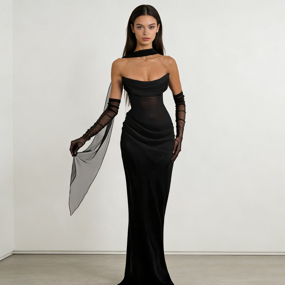 Damen Elegantes schulterfreies Maxikleid mit verführerischem Rüschendetail EB