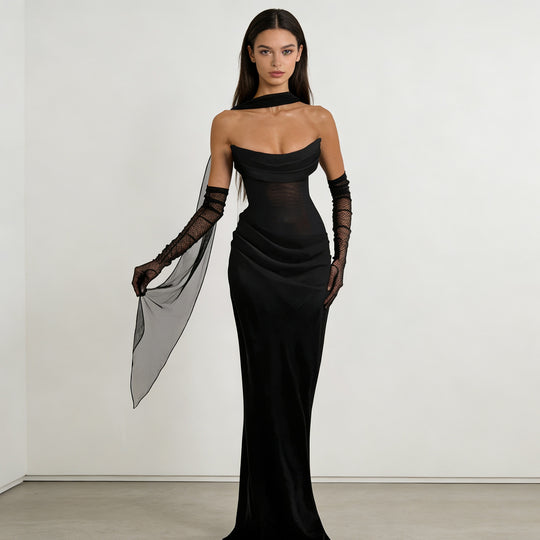 Damen Elegantes schulterfreies Maxikleid mit verführerischem Rüschendetail EB