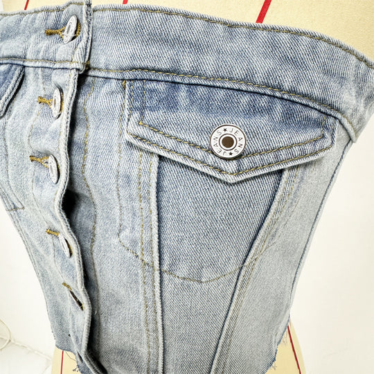 Damen Denim Bustier-Top mit Knopfleiste und figurbetontem Schnitt EB