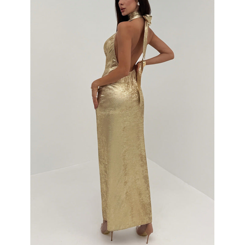 Damen Abendkleid mit tiefem V-Ausschnitt und schimmerndem Chiffon EB