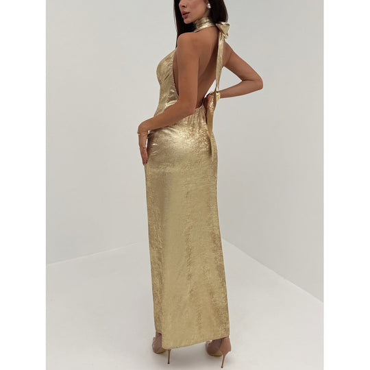 Damen Abendkleid mit tiefem V-Ausschnitt und schimmerndem Chiffon EB