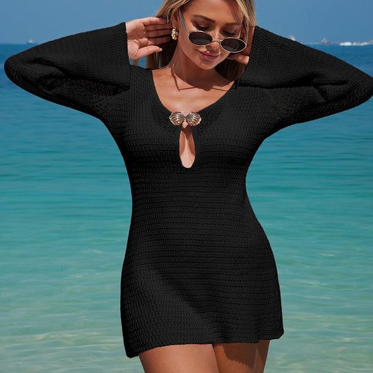 Damen Häkel-Strandkleid mit Schmetterlings-Ausschnitt und langen Ärmeln EB