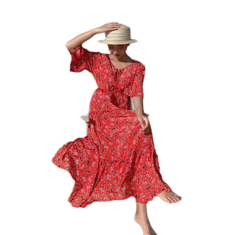 Damen fließendes Maxikleid mit schickem Paisleymuster und Taillenbindung EB