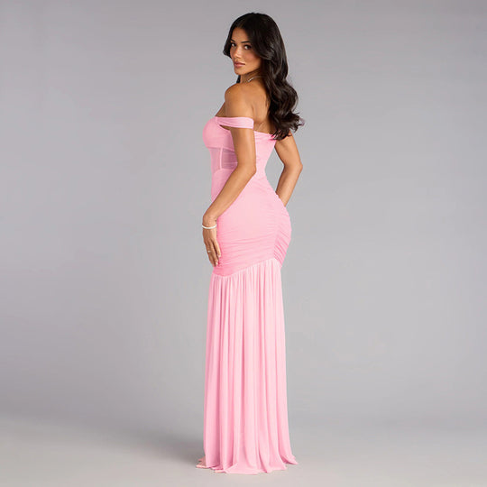 Damen elegantes Maxikleid mit Off-Shoulder-Design und raffinierten Raffungselementen EB