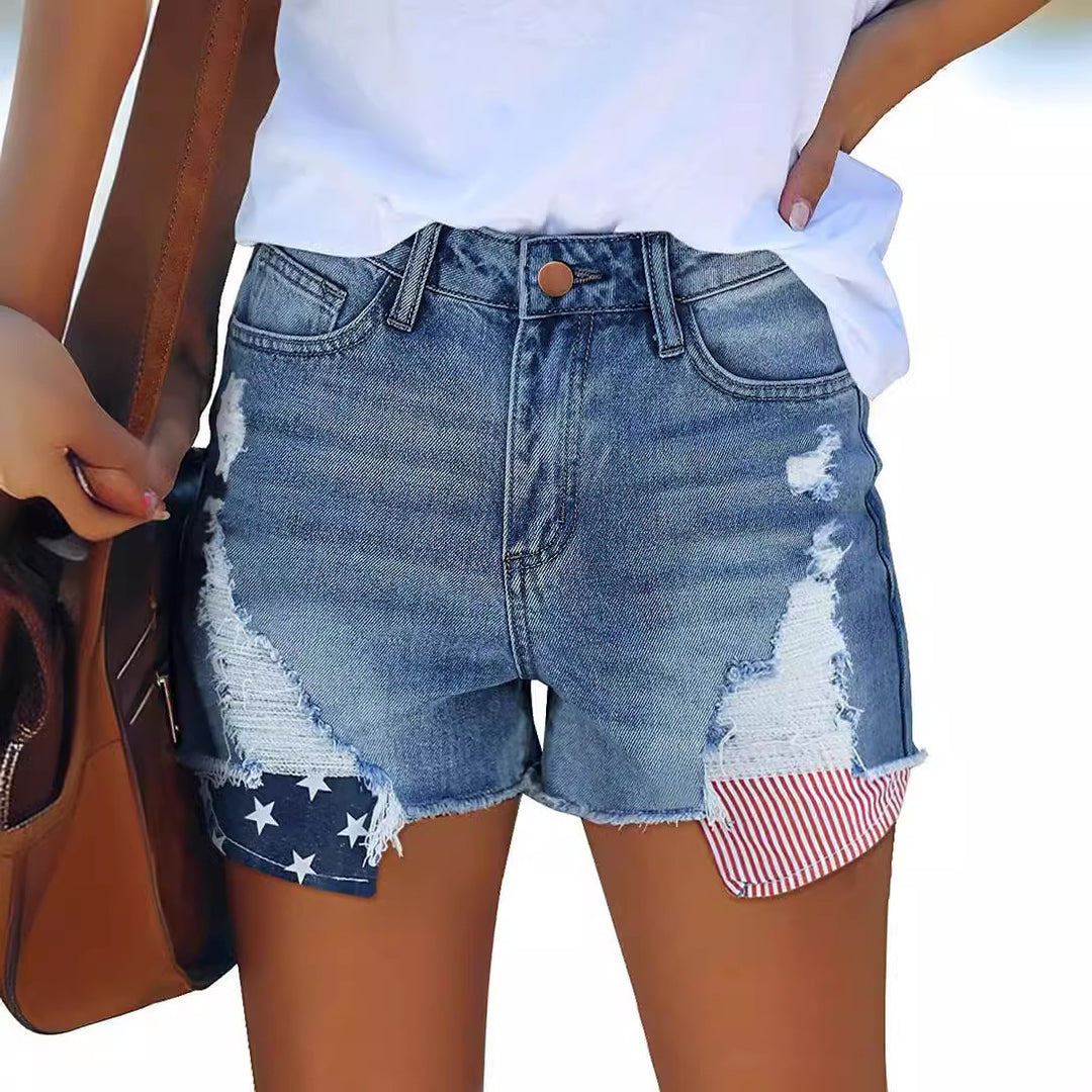 Damen Destroyed Denim-Shorts mit kreativen Patch-Details EB