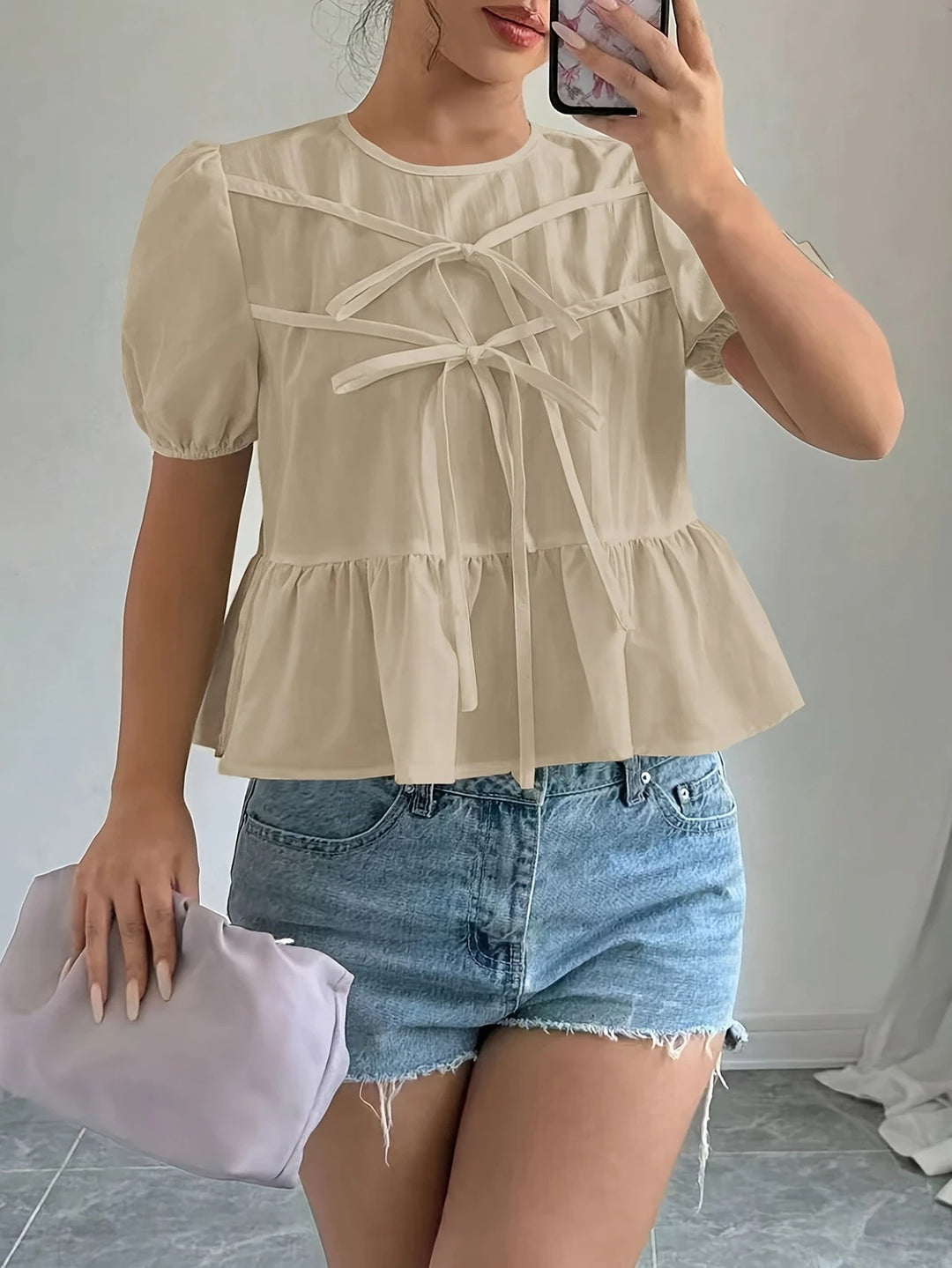 Damen Bluse mit Puffärmeln und verspieltem Rüschendesign EB
