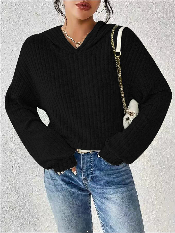 Damen lässiger Pullover mit strukturiertem Rippdesign und bequemem Kapuzenkragen EB