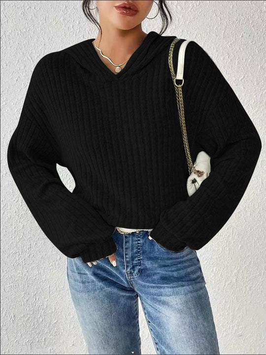 Damen lässiger Pullover mit strukturiertem Rippdesign und bequemem Kapuzenkragen EB