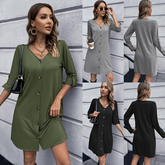 Damen lässiges Knopfkleid mit V-Ausschnitt und 3/4-Ärmeln EB