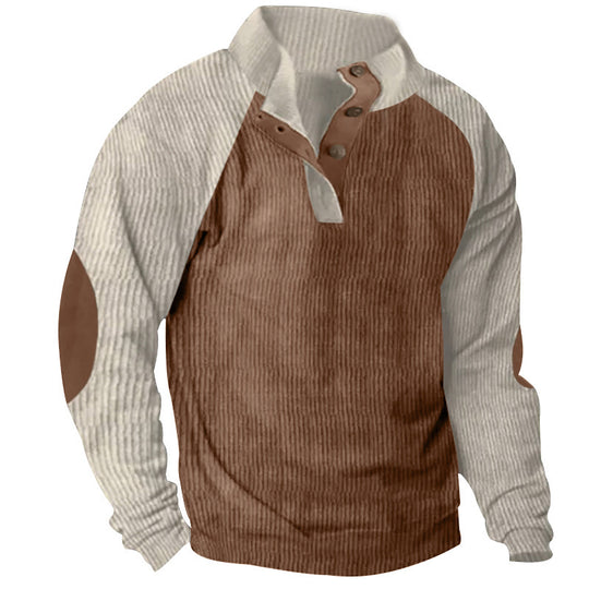 Herren Strukturiertes Raglan-Henley-Pullover mit Stehkragen, Ellenbogenpatches & Knopfleiste EB
