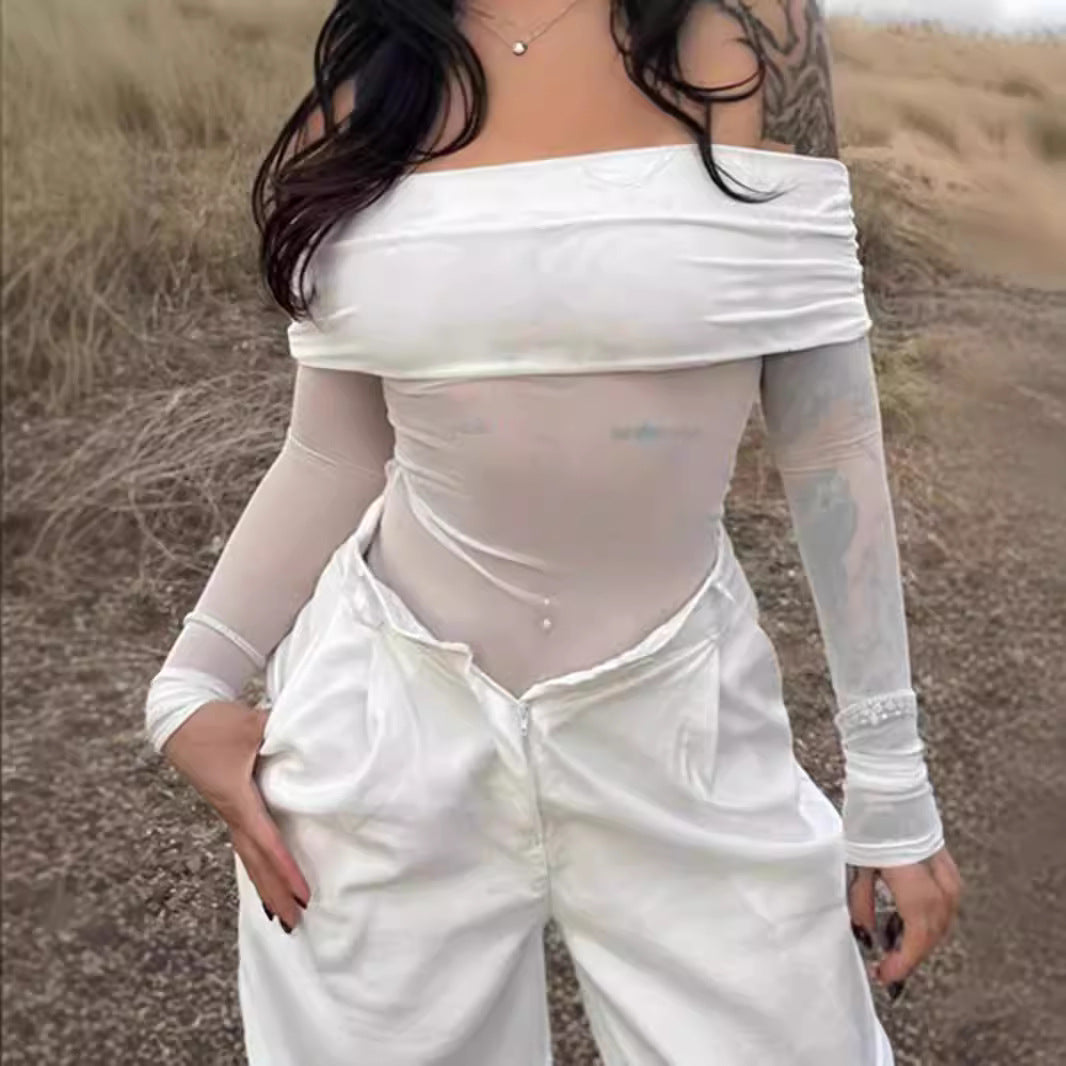 Damen Off-Shoulder Langarmbody mit transparenten Akzenten EB