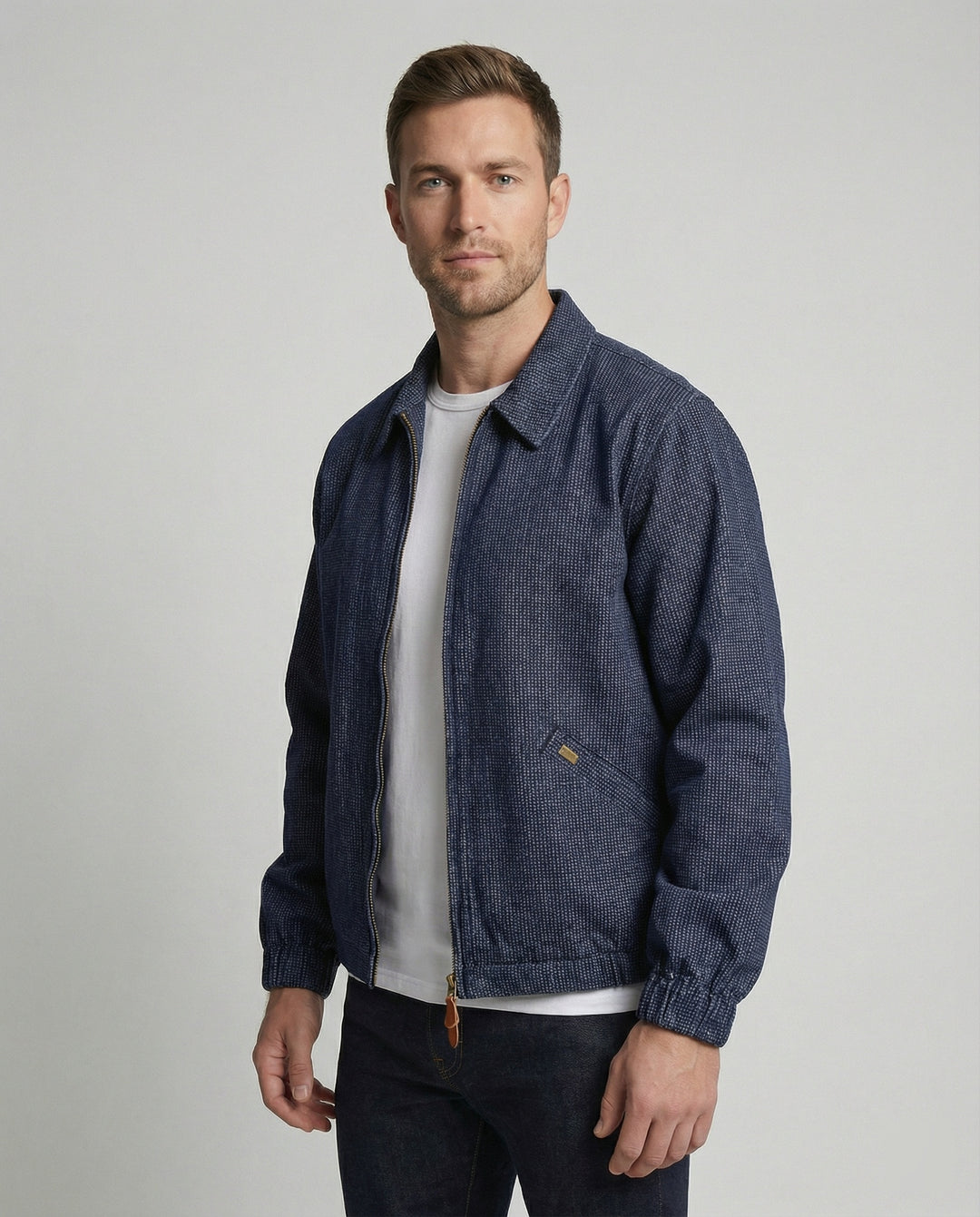 Herren lässige Webjacke mit Hemdkragen, Reißverschluss und elastischen Bündchen EB