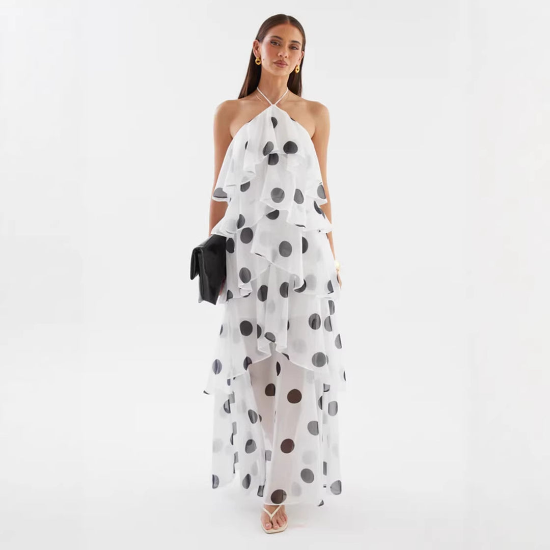 Damen Maxikleid mit schwingenden Volants und modernen Punkten EB