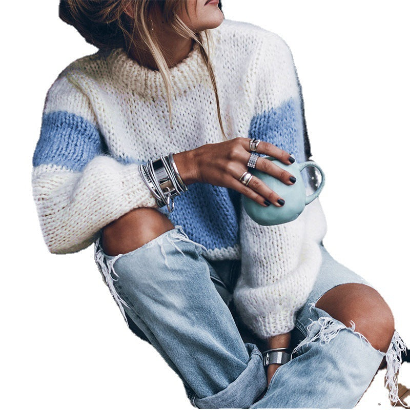 Damen lässiger Strickpullover mit Stehkragen und modernen Streifen EB