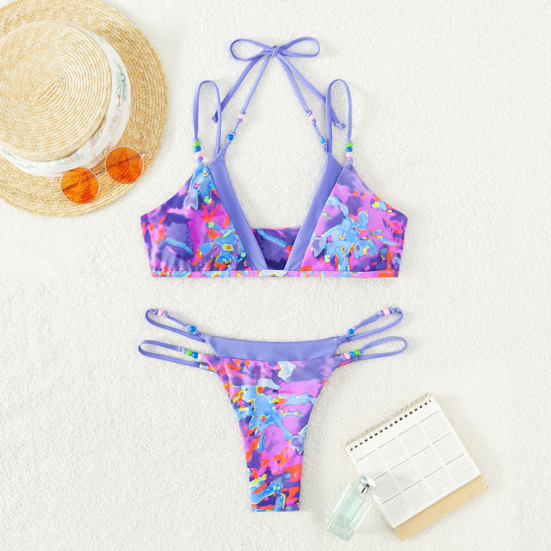 Damen Triangel-Bikini mit trendy Blumenmuster und modischem Bindesystem EB