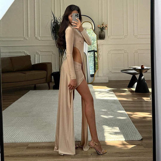 Damen Elegantes Maxikleid mit schmalem Schnitt und hohen Schlitzen EB