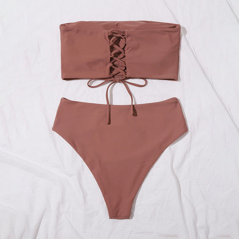 Damen Bandeau-Bikini-Set mit hohem Schnitt und elegantem Wickeldetail EB