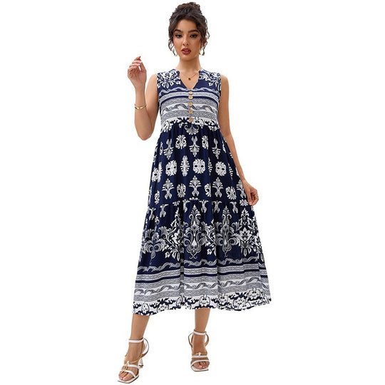Damen Maxikleid mit dekorativem Knopfverschluss und floralem Muster EB