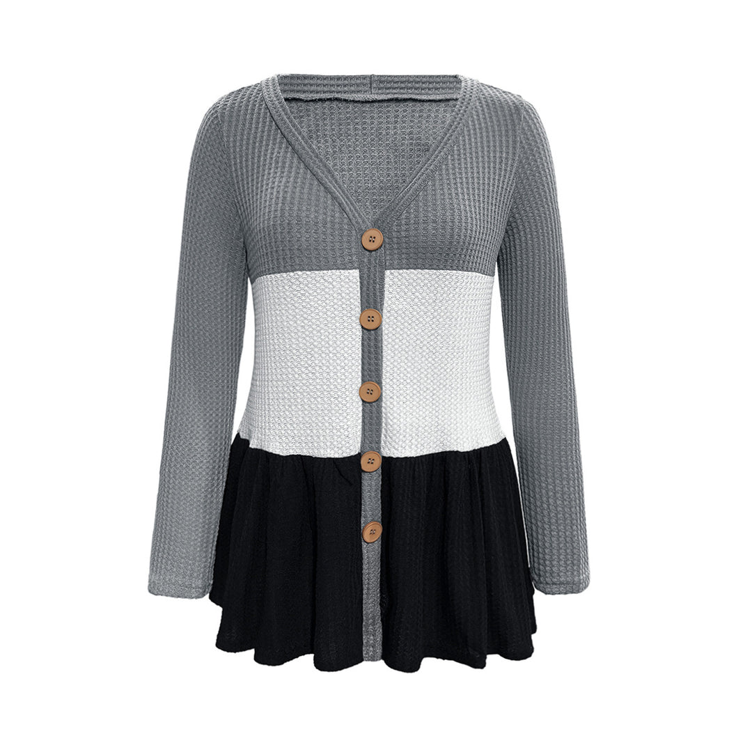 Damen modische Strickjacke mit knöpfigem Design und voluminösem Saum EB