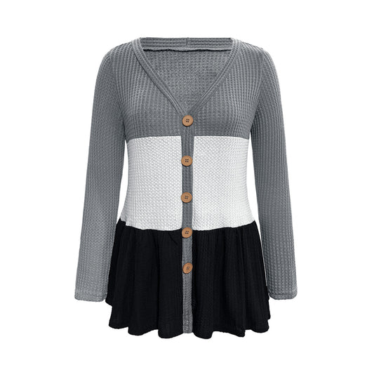 Damen modische Strickjacke mit knöpfigem Design und voluminösem Saum EB
