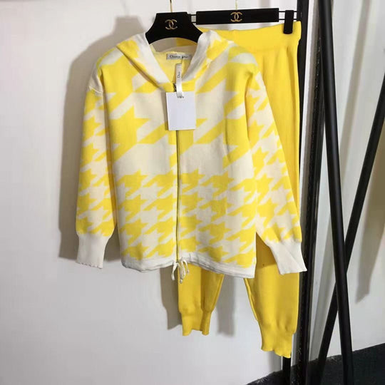 Damen modisches Strick-Loungewear-Set mit auffälligem Hahnentrittmuster EB