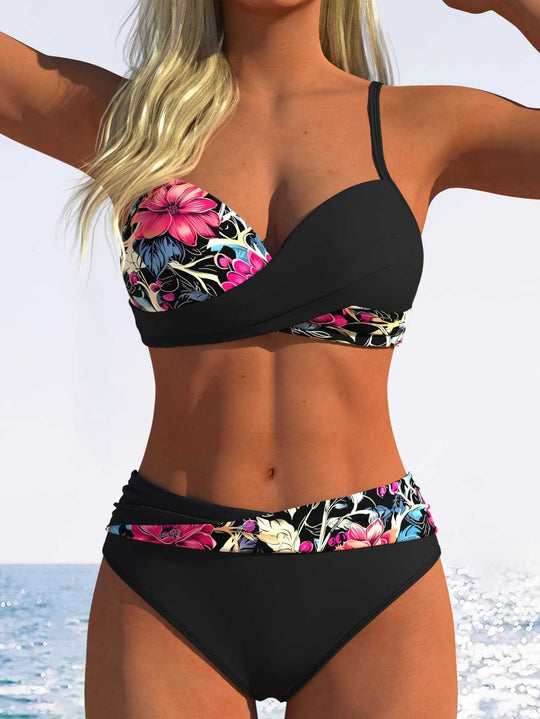 Damen Bikini-Set mit floralem Wickelmuster und bequemen High-Waist-Höschen EB
