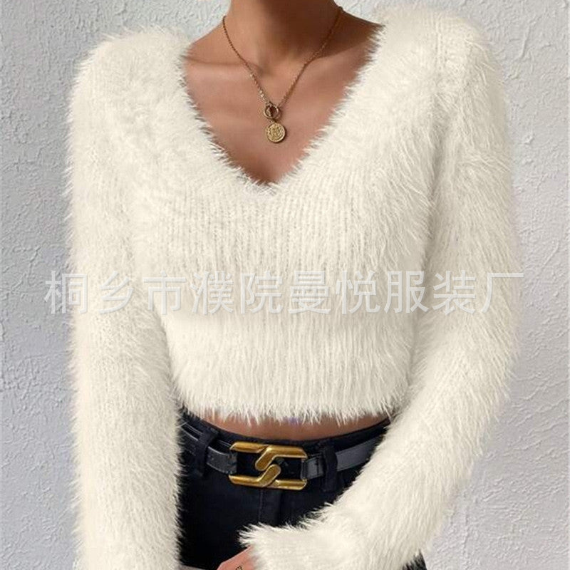 Damen Flauschiger Crop-Pullover mit V-Ausschnitt und Eyelash-Struktur EB