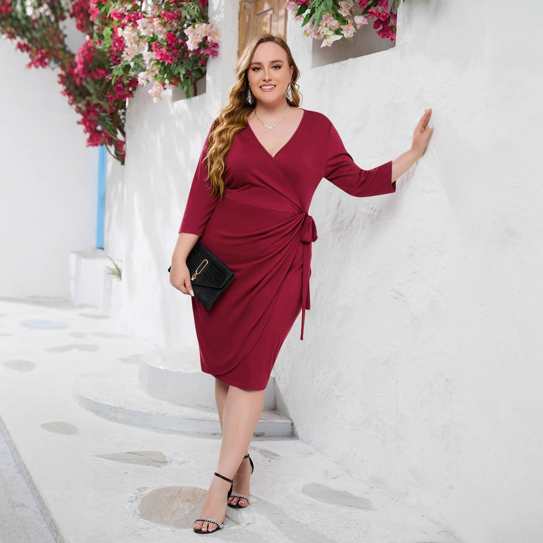 Damen Elegantes Wickelkleid mit tailliertem Design und dreiviertel Ärmeln EB