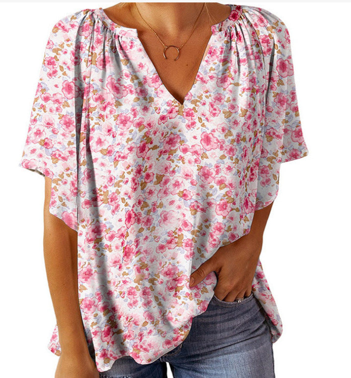 Damen Blusenshirt mit floralem Design und V-Ausschnitt EB