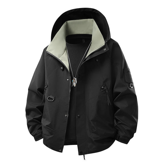 Herren wind- und wasserdichte Softshell-Outdoorjacke mit verstaubarer Kapuze, Utility-Taschen und verstellbaren Bündchen EB