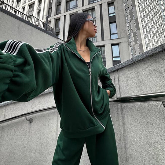 Damen sportliches Fleece-Loungewear-Set mit hohem Kragen und elastischem Bund EB