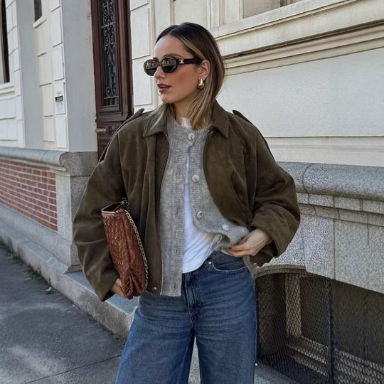 Damen lockere Cropped Jacke aus Wildlederimitat EB