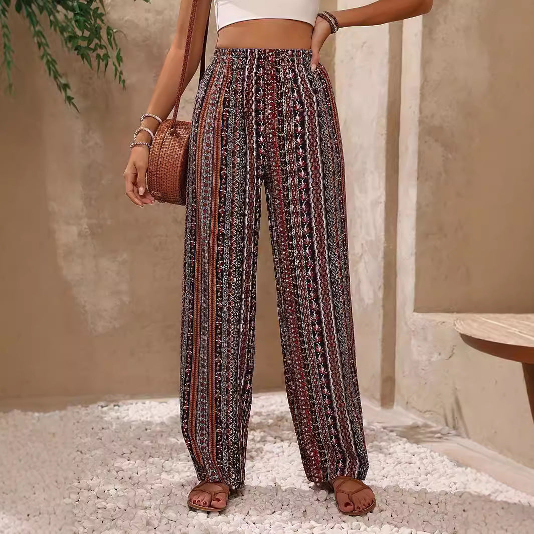 Damen weite Palazzo-Hose mit buntem Ethno-Design und elastischem Bund EB