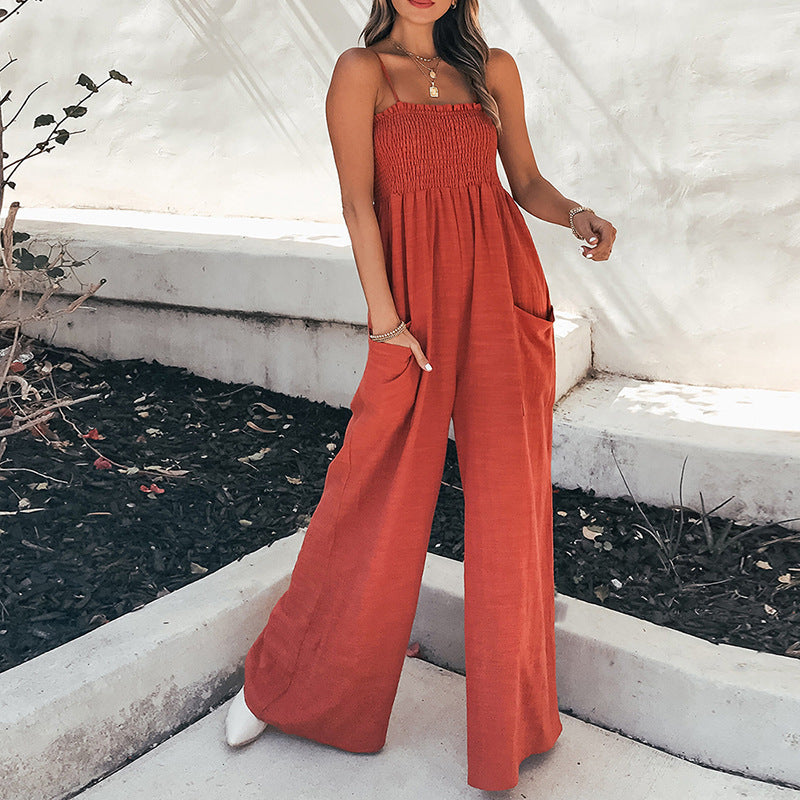 Damen Weit geschnittener Jumpsuit mit elastischem Oberteil und praktischen Taschen EB