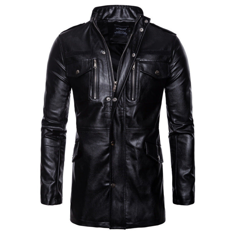 Herren modische Kunstlederjacke mit praktischen Taschen und asymmetrischem Reißverschluss EB