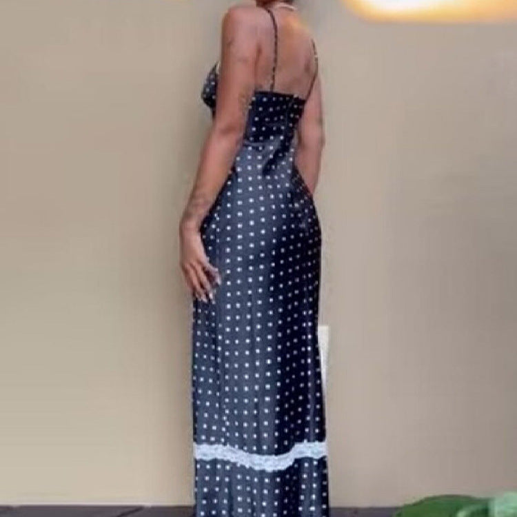 Damen Satin Nachthemd mit Spitzenapplikationen und Polka-Dots EB