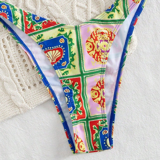 Damen Bikini mit elegantem Bandeau-Schnitt und buntem Muster EB