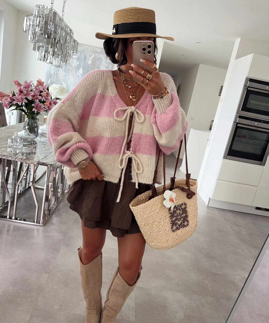 Damen lockere Strickjacke mit breiten Streifen und Bindegürtel EB