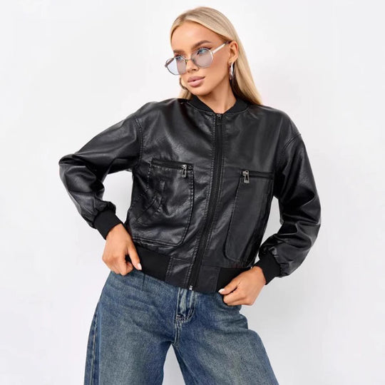 Damen modische Bikerjacke mit strukturiertem Design und praktischen Taschen EB