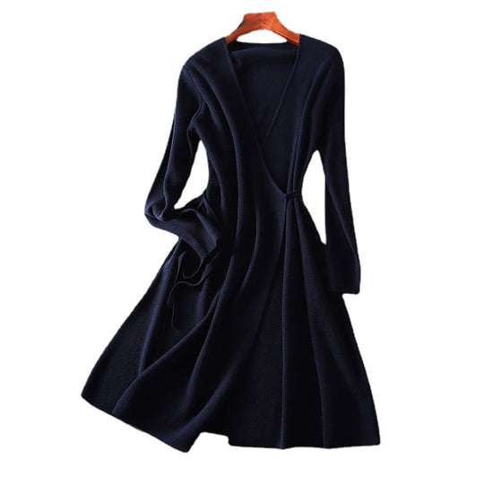 Damen柔晰 Strickkleid im Wickelstil mit taillierbarem Gürtel EB
